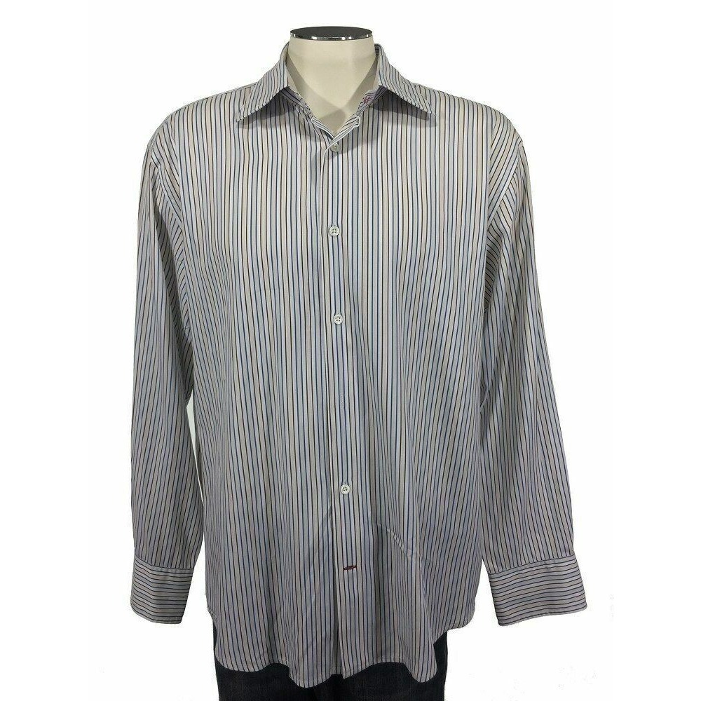 Faconnable Button Shirt L Blue White Brown Stripe Work‎ Flip Cuff Mens